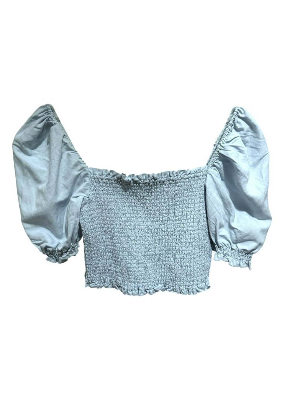BlankNYC Cropped Puff Sleeve Stretchy Smocked Top Sky Blue Anthropologie Boho XL